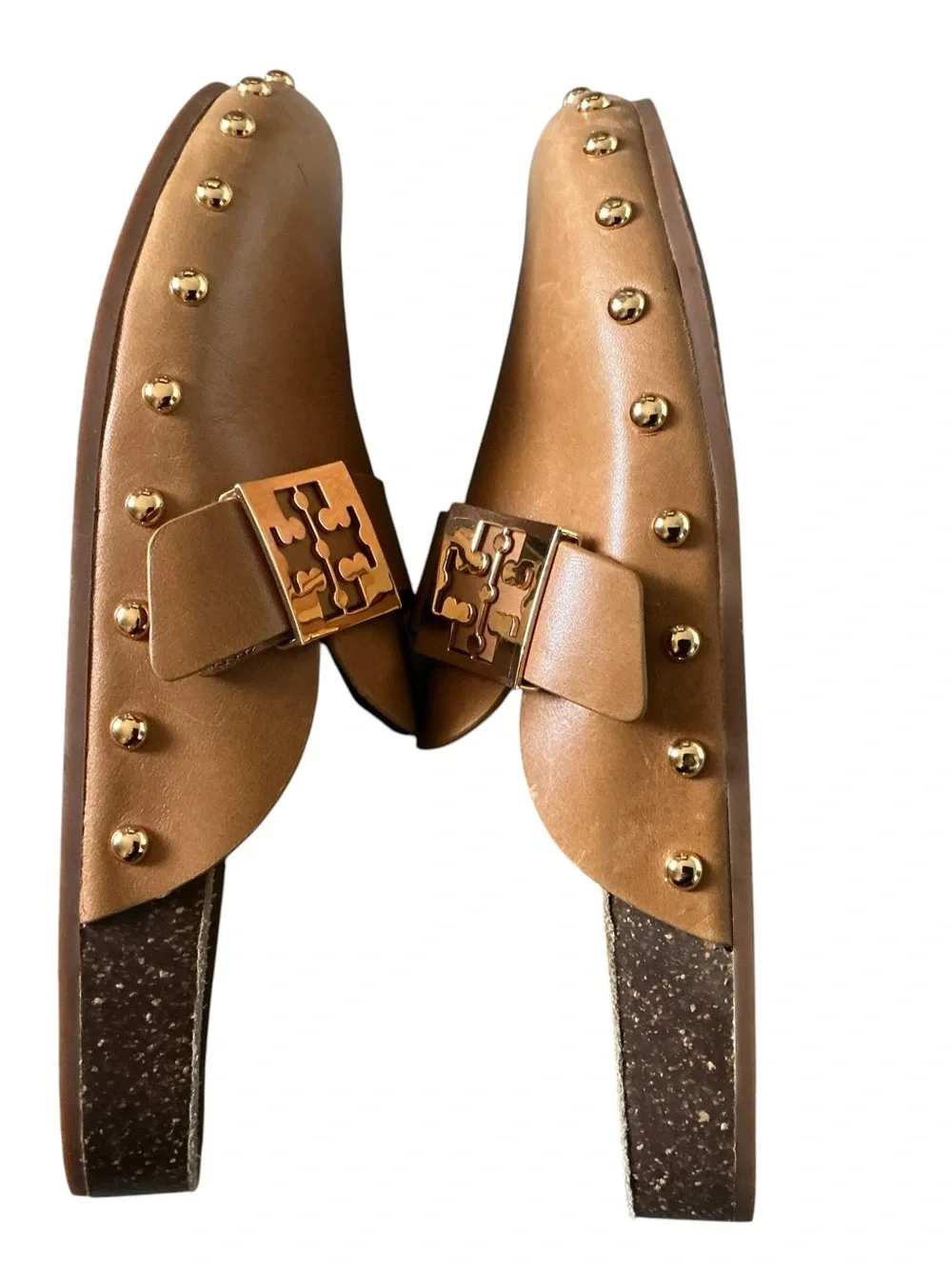 Tory Burch Mellow studded mule comfort flat slip on shoes caramel brown size 8